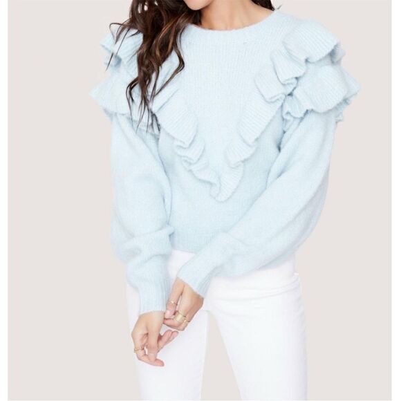 LOST + WANDER Stay Humble Sweater Exaggerated Ruffle Baby Blue M / L NWT - Picture 3 of 13